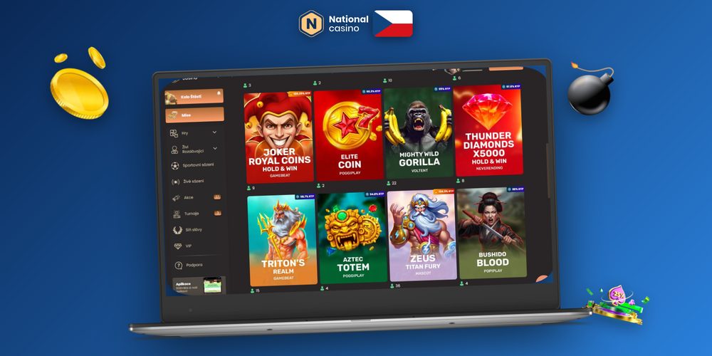 National Casino na počítači: lobby se sloty, live stoly a uvítacím bonusem na monitoru