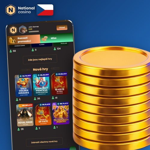 National Casino app na chytrém telefonu s dlaždicemi slotů a sportu